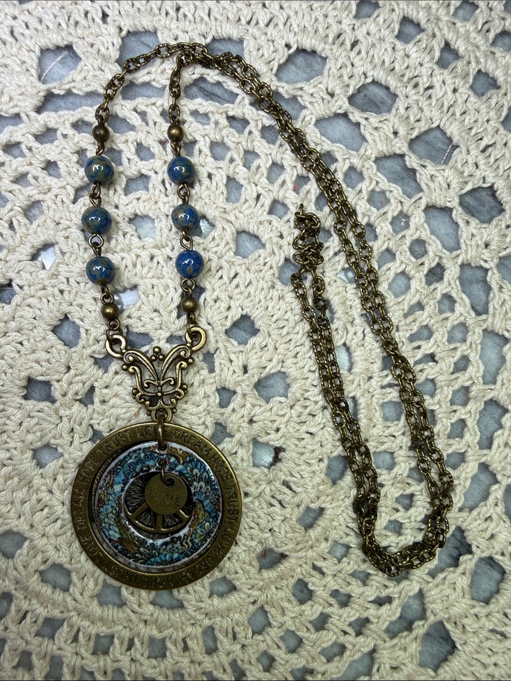 Antique Brass Blue Enamel Medallion Pendant Necklace